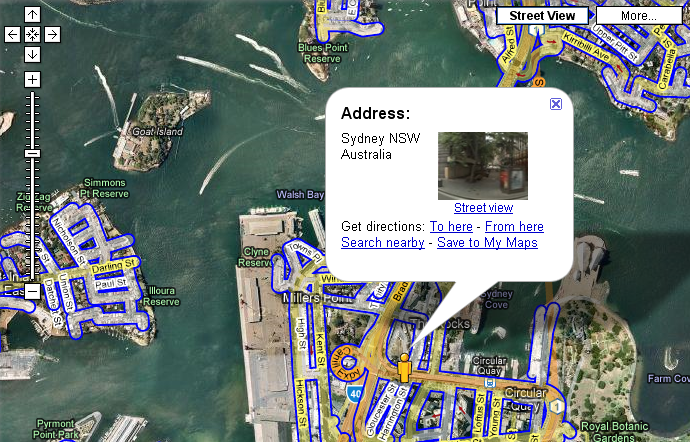 Sydney, Australia now can be explored with Google Maps' Street View, shown with blue lines where available. (Click to enlarge.)