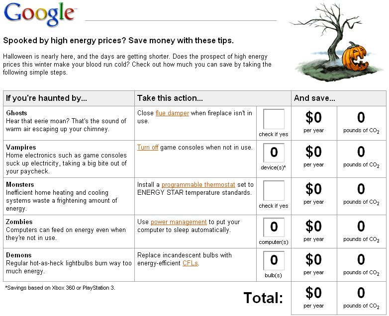Google promoted this energy-savings calculator from its front page.