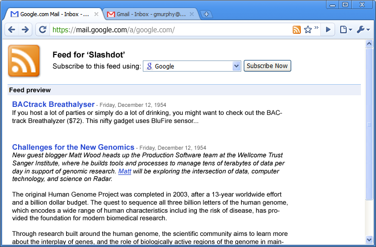 Google's mock-up of the Chrome page used to subscribe to RSS or Atom feeds.
