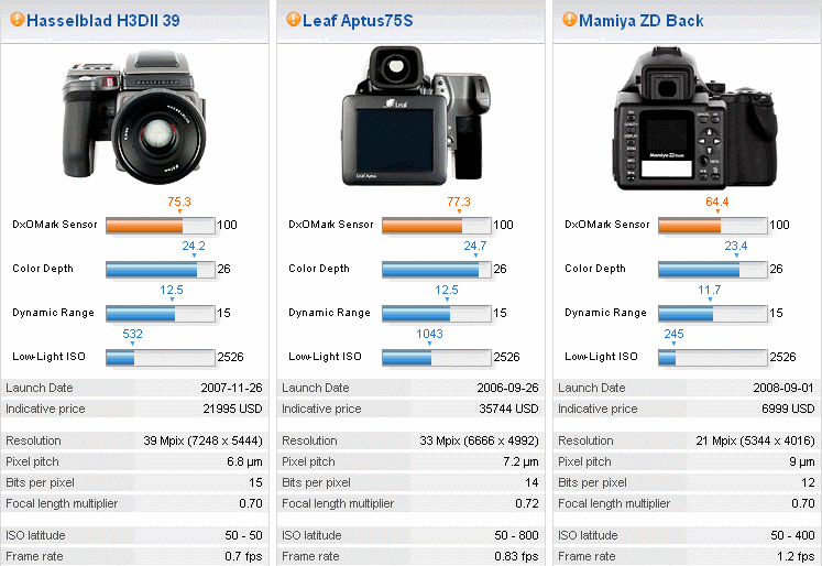 These medium-format cameras' overall scores are lowered by their poor low-light performance, but these cameras are generally used by studio photographers with carefully controlled lighting.