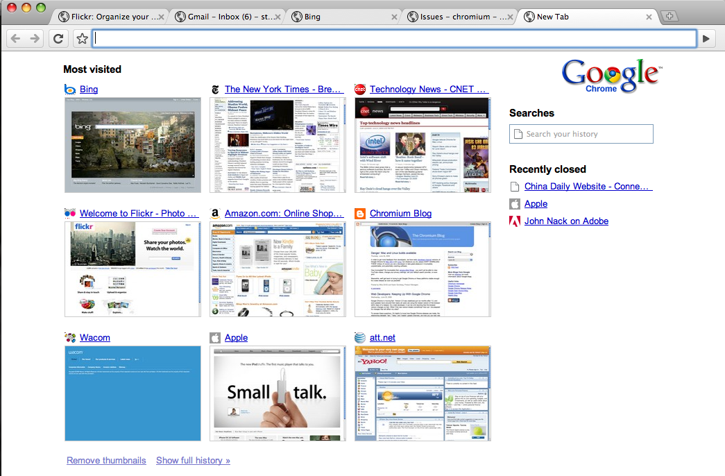Chrome for Mac OS X sports the same new-tab interface as the Windows version. (Click to enlarge.)