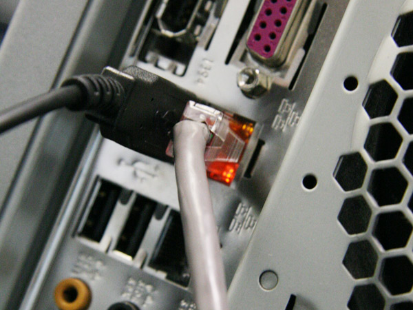 Ethernet cable at the back of a PC
