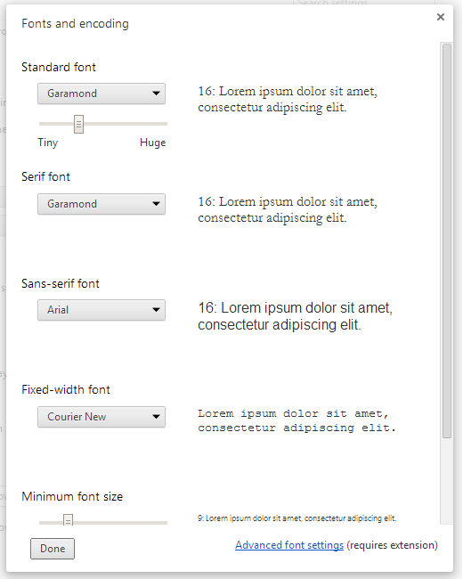 Google Chrome customize-font options