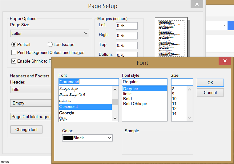 Internet Explorer Page Setup > Font dialog