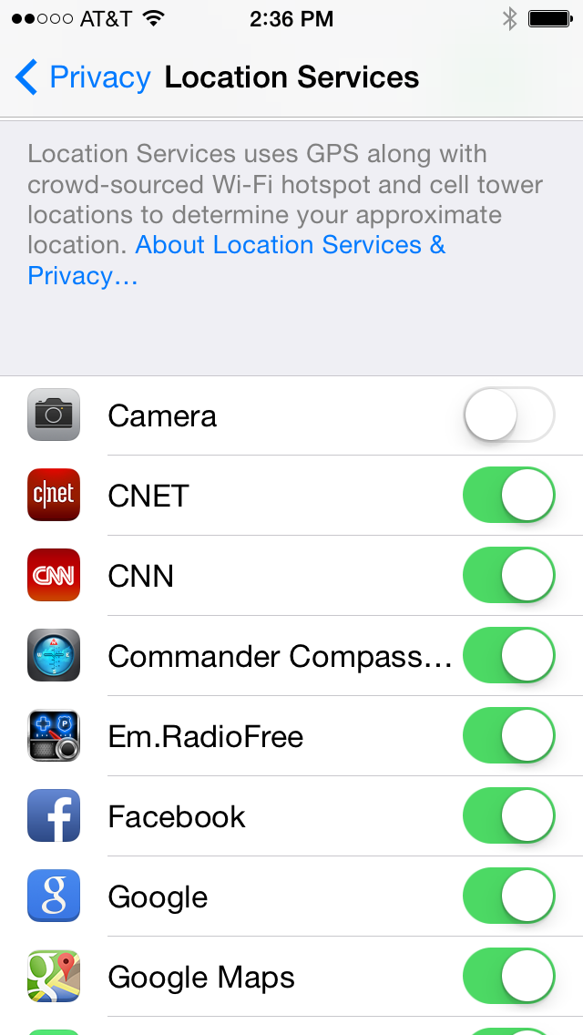 iPhone Location Service settings