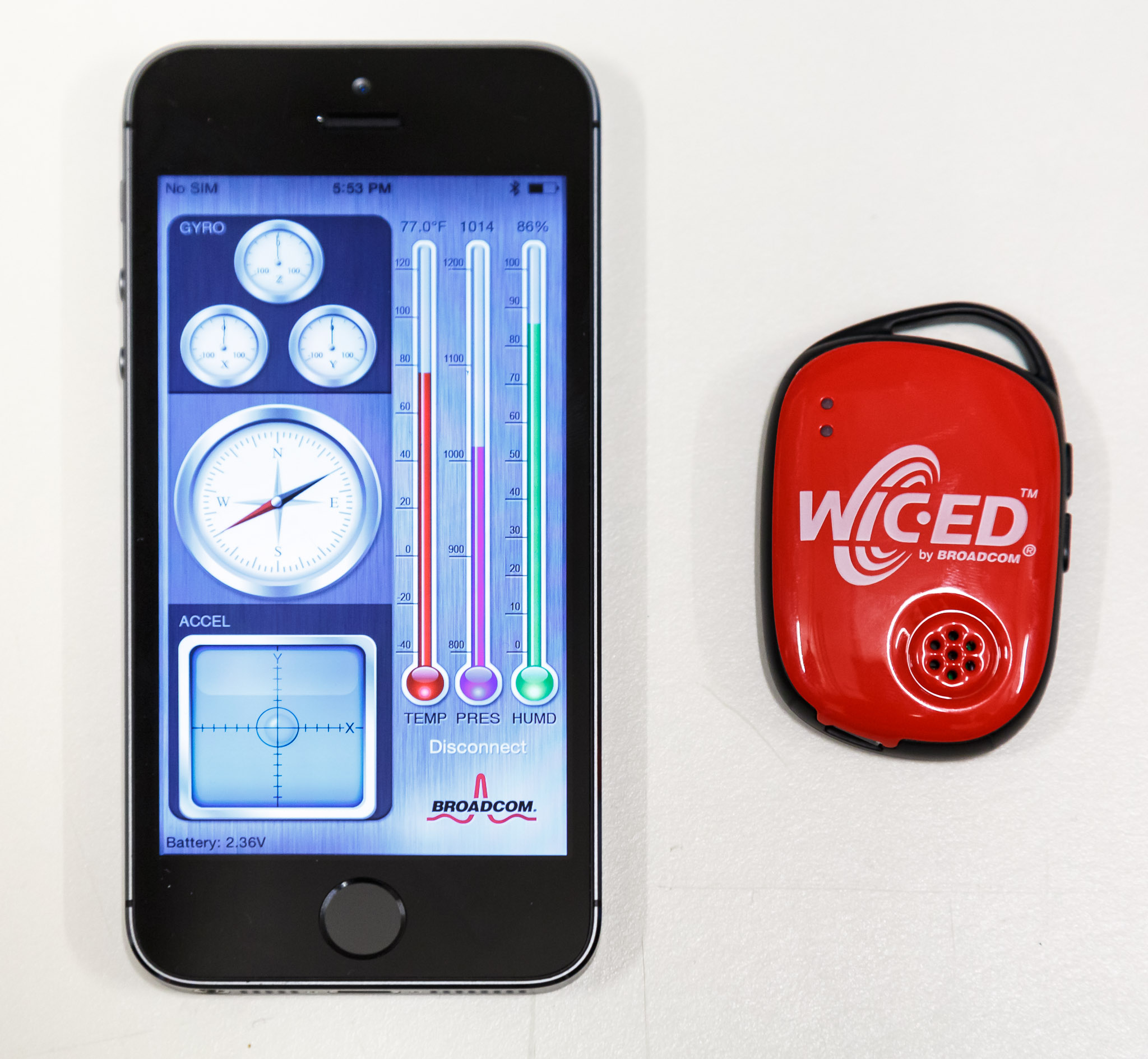 Broadcom's Wiced Sense Kit is combines a thermometer, accelerator, gyroscope, compass, and humidity and pressure sensors into a $20 package for developers to build Internet-of-Things prototype devices.
