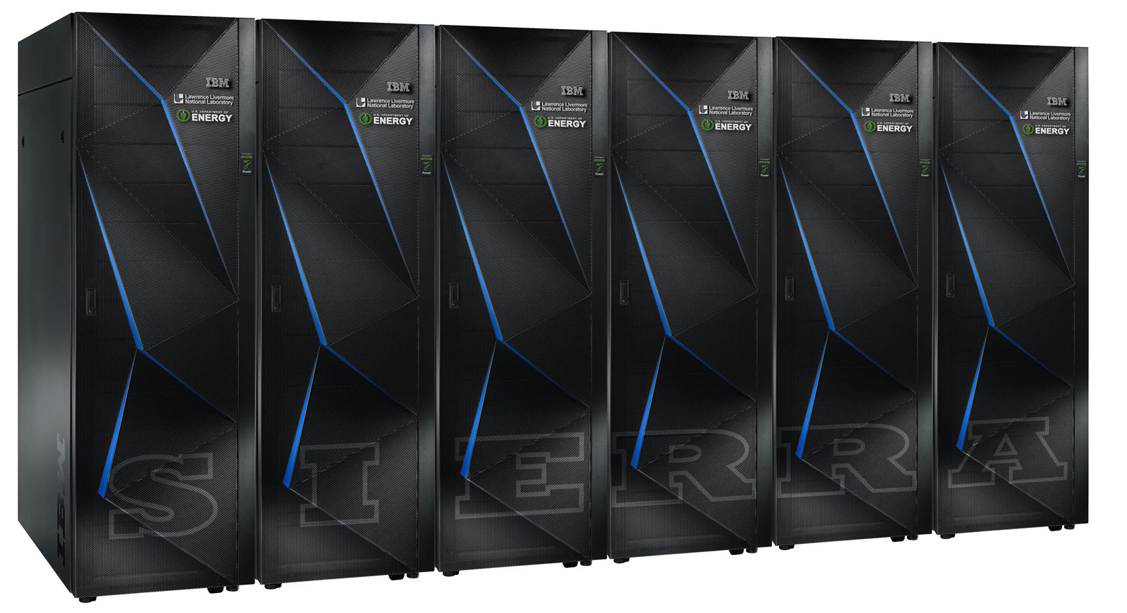 This rendering shows a few of the cabinets that ultimatly will comprise IBM's Sierra supercomputer at Lawrence Livermore National Laboratory.