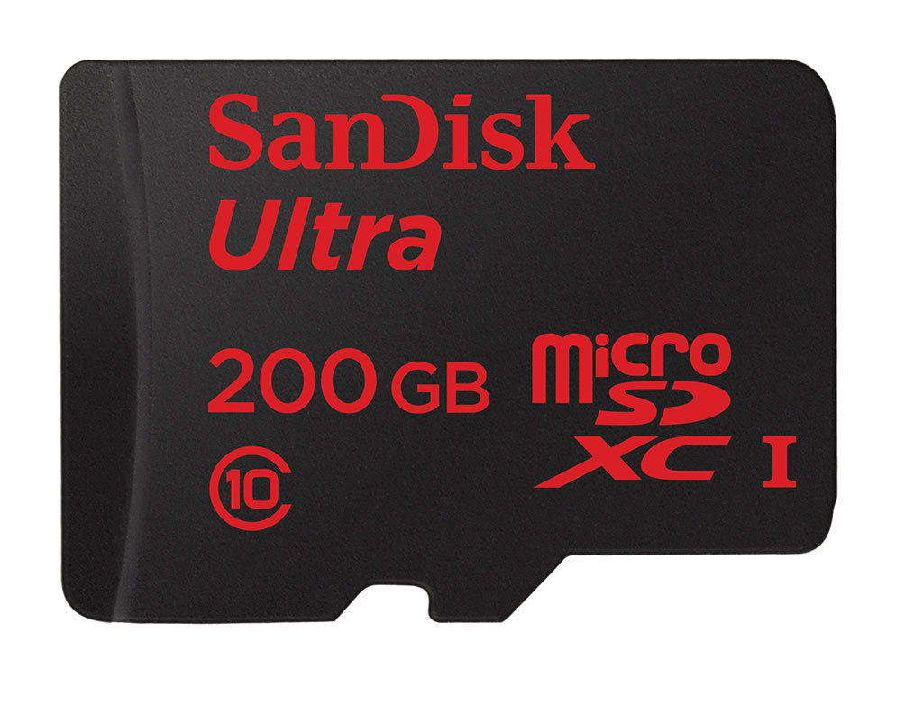 SanDisk's microSD card line now reaches to 200GB capacities. This model features 90MBps data-transfer speeds.