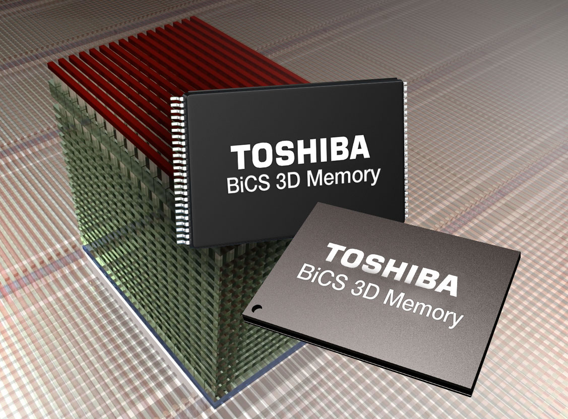 This Toshiba schematic illustrates how multiple layers of flash memory are stacked into a single high-density product.