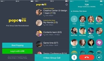 Three screenshots of the Popcorn Buzz app, which is designed to handle massive group calls.