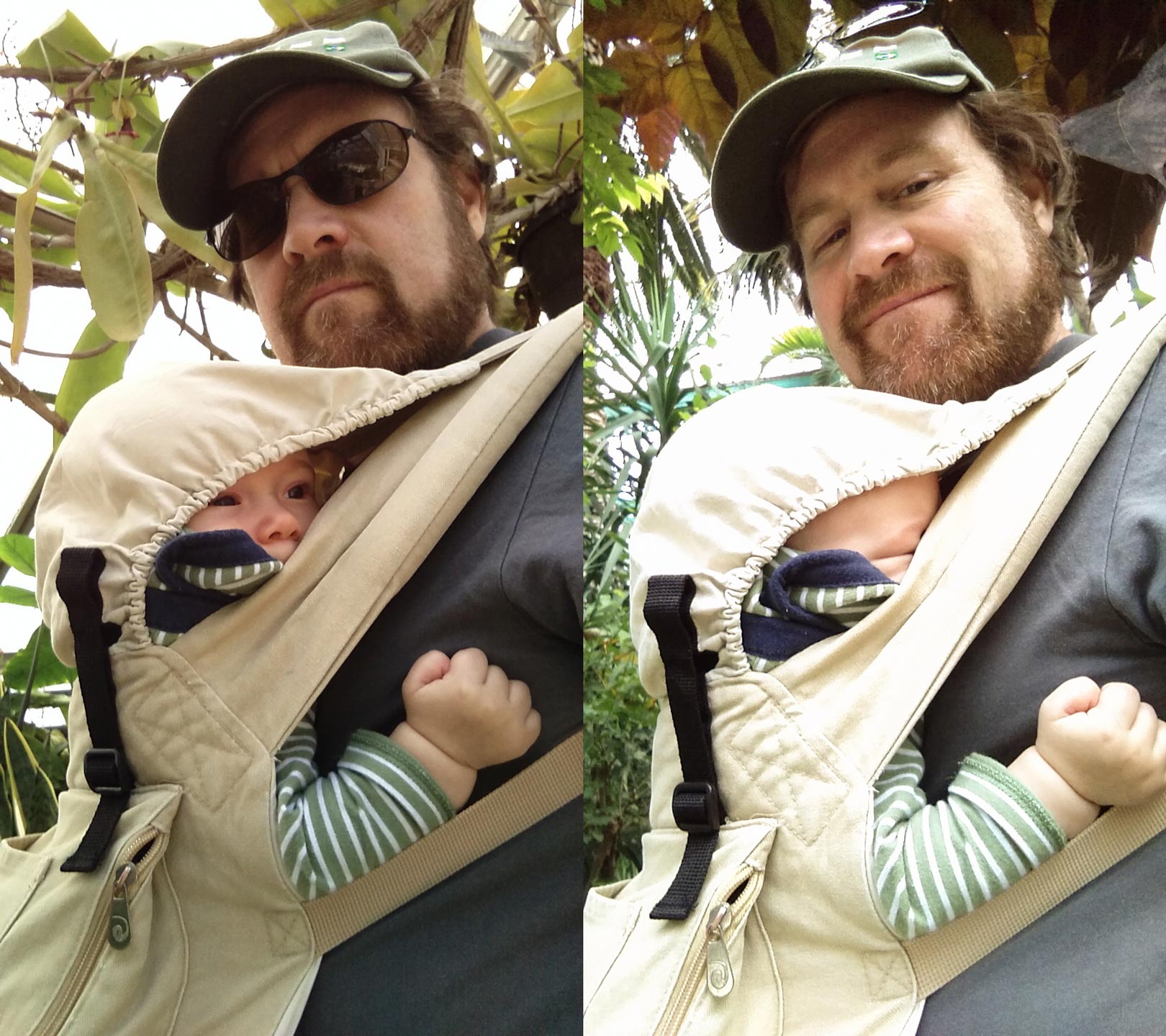 Back in the dark ages, parents on a walk with a baby lashed on didn't always know if the kid was asleep. But now, a phone's selfie-cam can answer that question. Left: no. Right: yes.