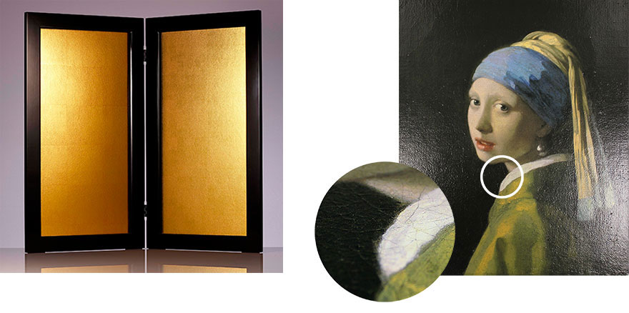Using multiple cameras, Canon can capture surface texture like paint strokes or glossiness. Then special printing techniques reproduce that texture. The left pair of images shows a Japanese gold screen in its original and texture-printed form. The right shows a closeup of printed texture from Vermeer's 