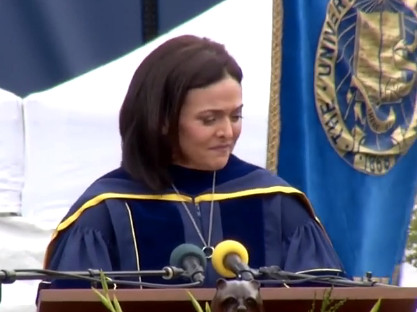 Facebook CEO Sheryl Sandberg takes a moment to collect herself while discussing her grief at the loss of her husband.