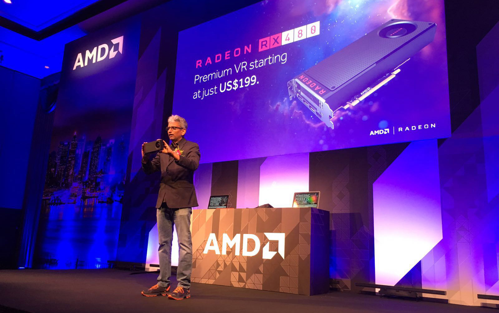 AMD's Raja Koduri announces that the company's newest Radeon RX 480 graphics cards will be available for as little as $199.