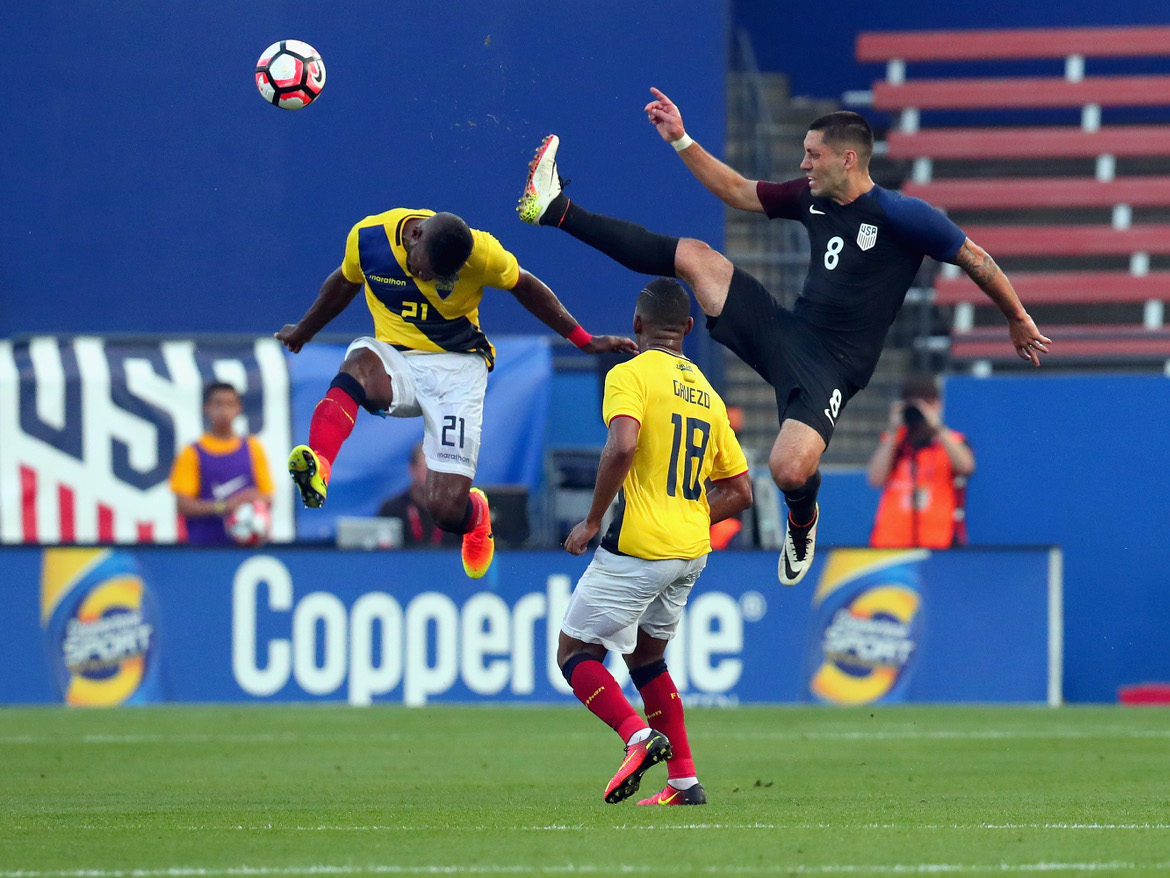 Blue-clad US forward Clint Dempsey gets all kung fu against Ecuador during an international friendly match in May.