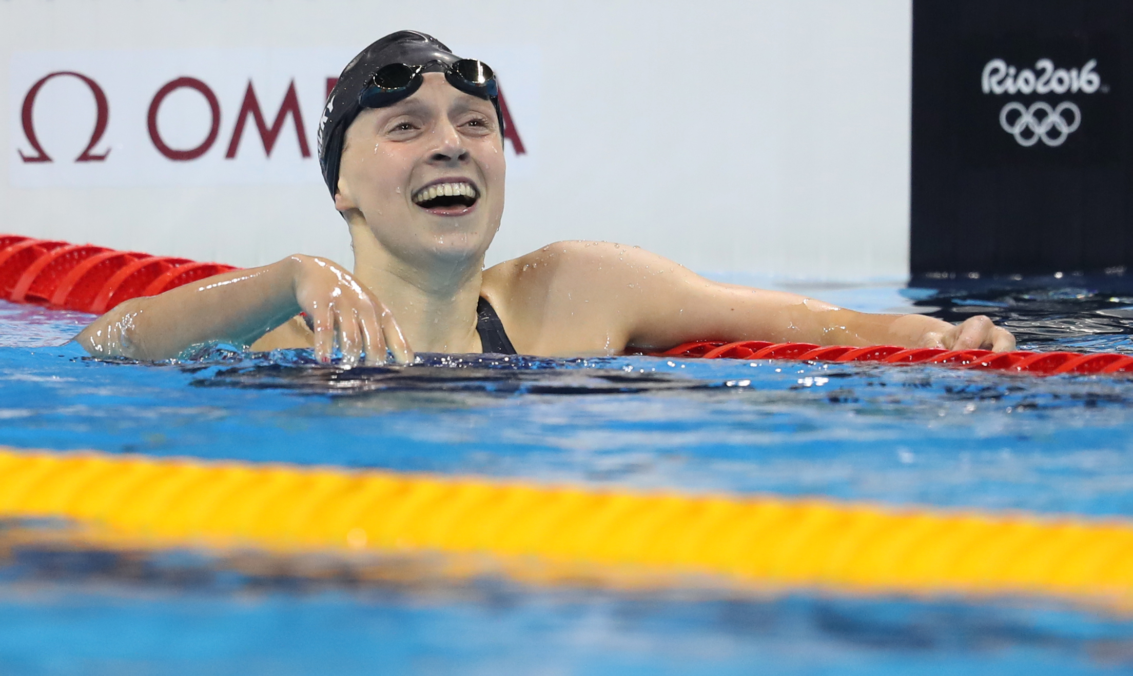 US Olympic swimmer Katie Ledecky celebrates winning a thrilling Women's 200m Freestyle final at the 2016 Summer Olympic Games in Rio de Janeiro, Brazil.