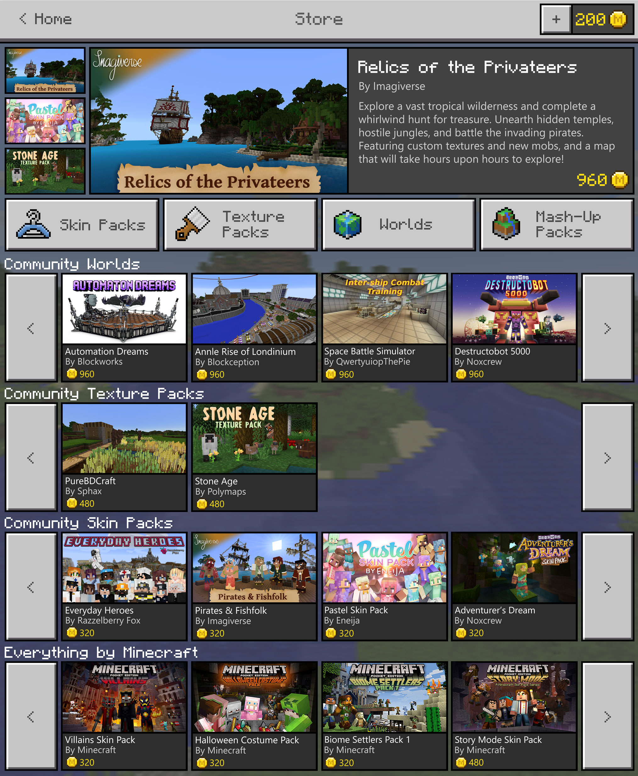 ​A preview of Minecraft Marketplace shows skins, texture packs and worlds that can be purchased with Microsoft Coins.