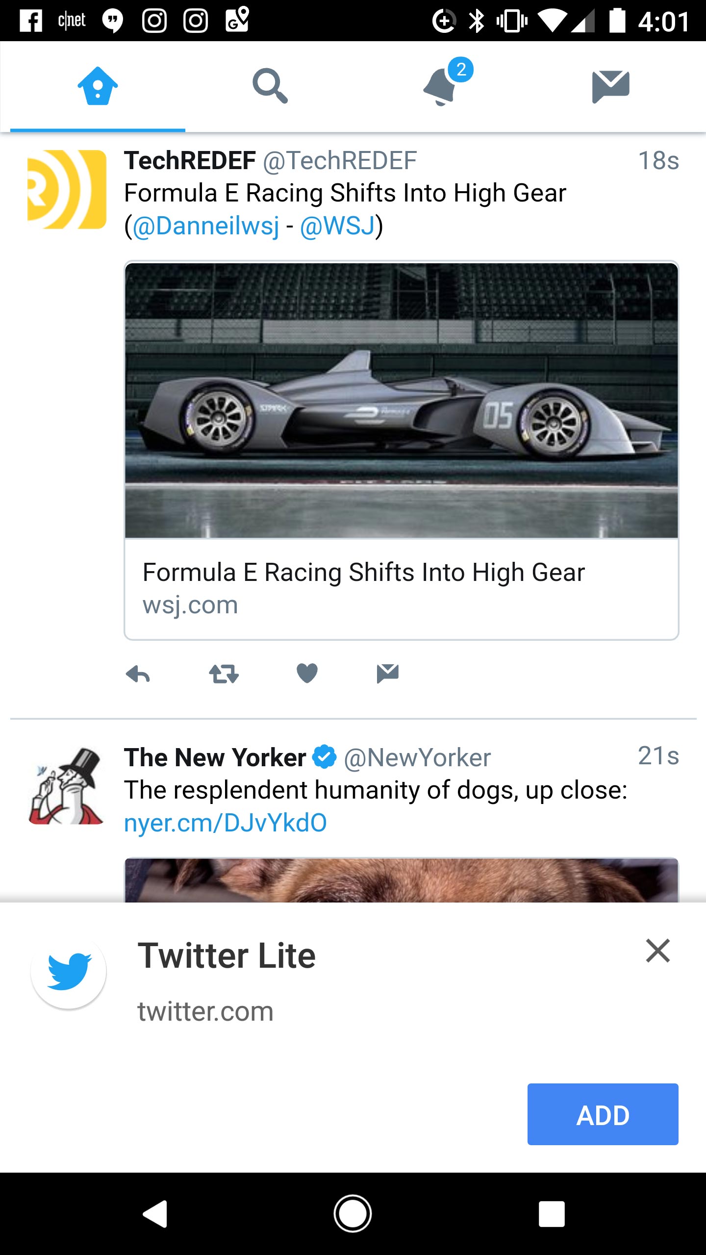 ​Twitter Lite looks similar to the native Twitter app. On Android, it asks if you want to add its icon to your home screen, a move that downloads components for a richer experience and faster launch times.