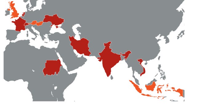 Countries with reported Duqu infections. Red represents confirmed infections, orange represents unconfirmed reports.