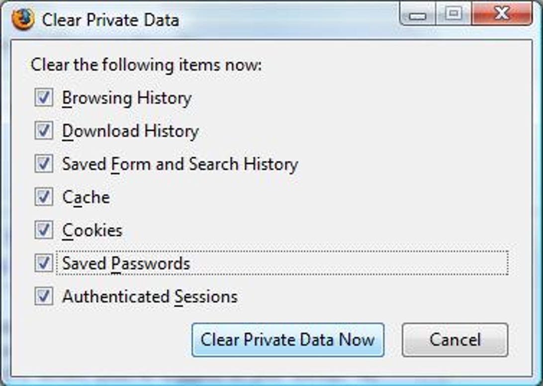 Mozilla Firefox's Clear Private Data dialog box
