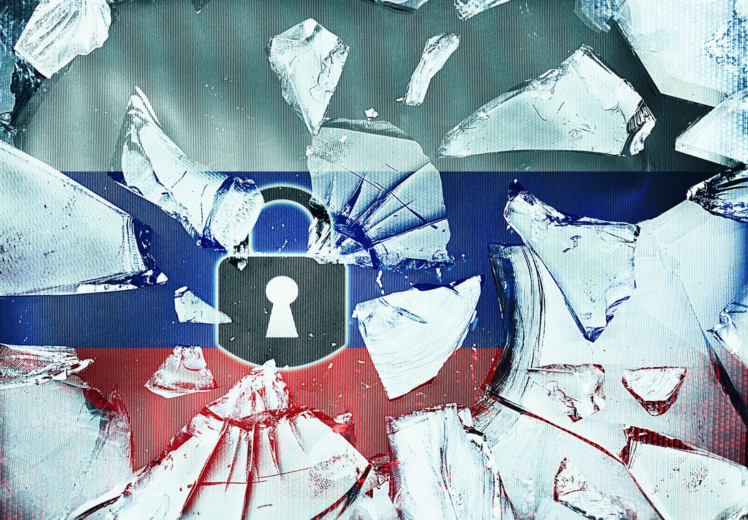 Cyberattack illustration showing a padlock, broken glass and a Russian flag