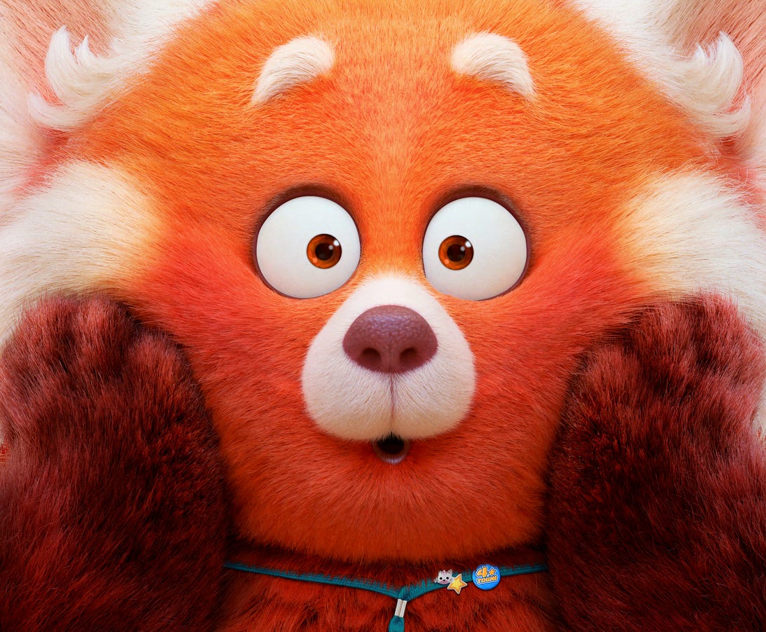 An animated red panda's face has a surprised expression