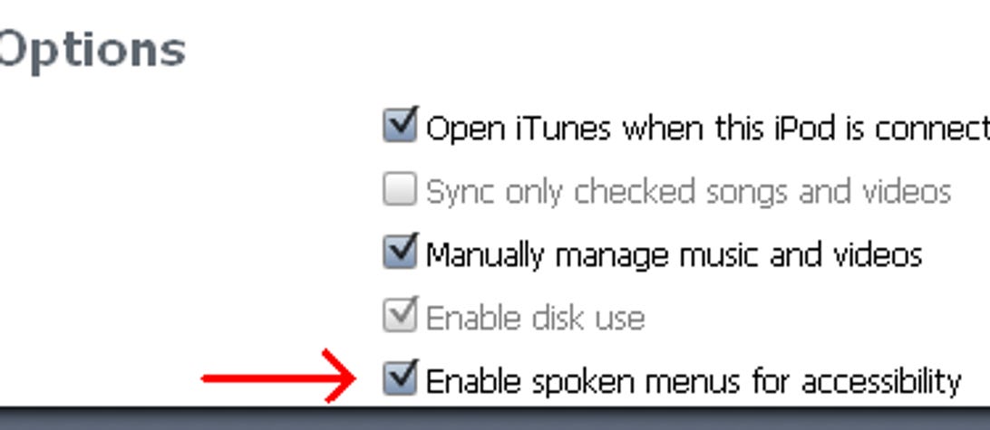 Image of checkbox options within iTunes 8 with arrow pointing to the enable spoken menus option.