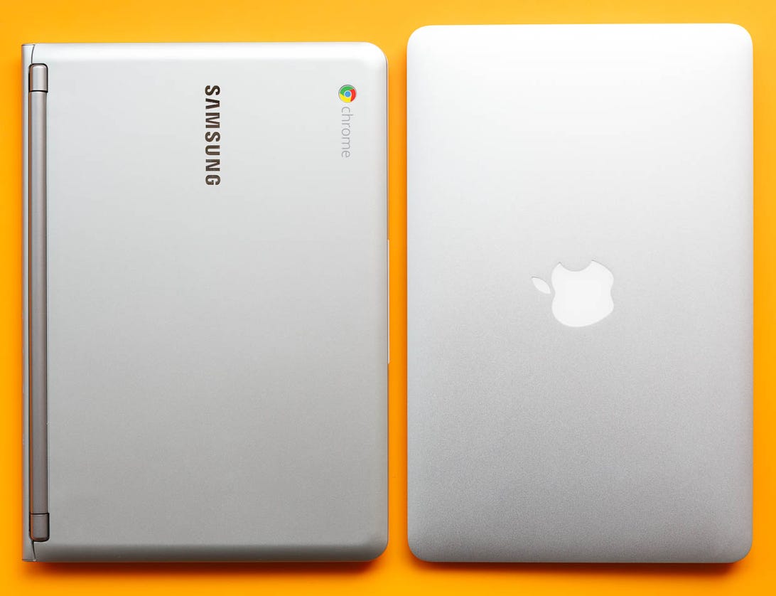 An 11-inch MacBook Air is wider than the Samsung Chromebook, but it's not as deep or as thick.