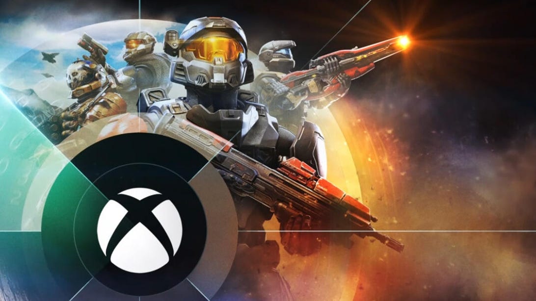 Halo Infinite cover art superimposed over Xbox logo