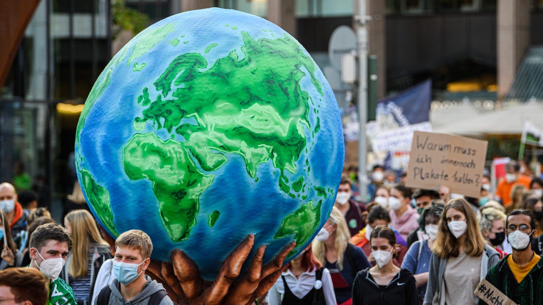 Protestors march in Dusseldorf, Germany, during the September 2021 climate strike
