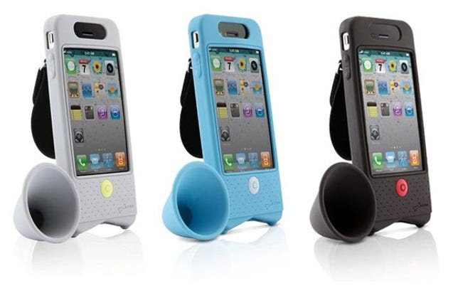 different colored iPhone cases with horn speakers