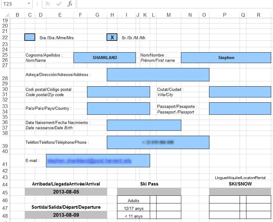 Excel's view of the spreadsheet