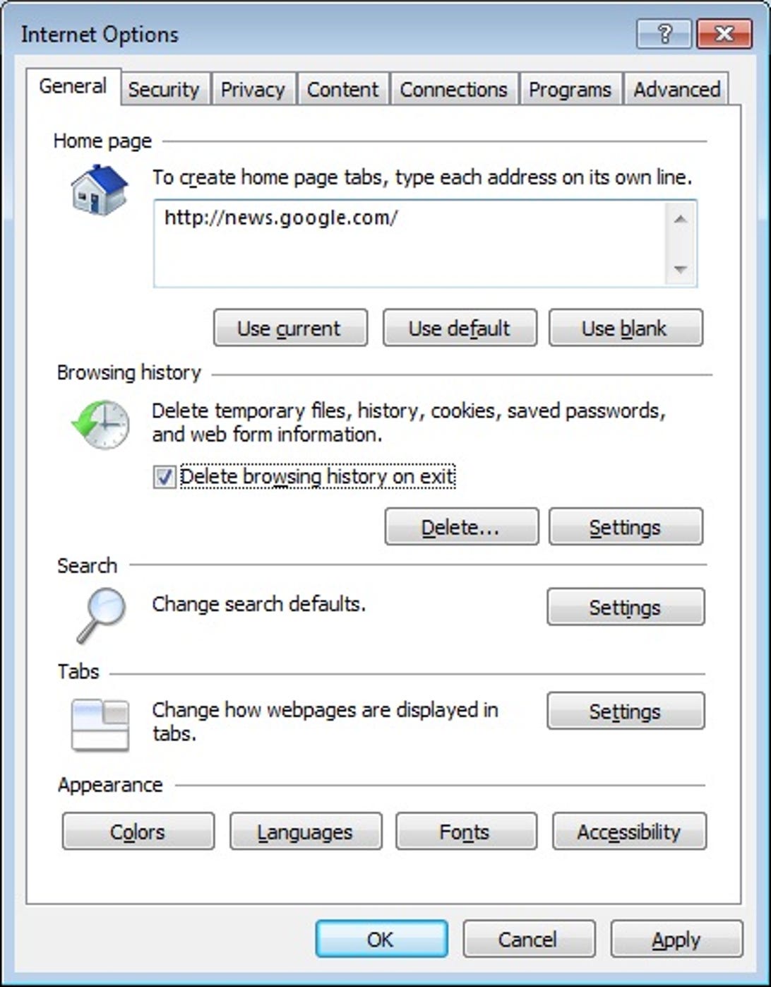 Internet Explorer 9's Options dialog