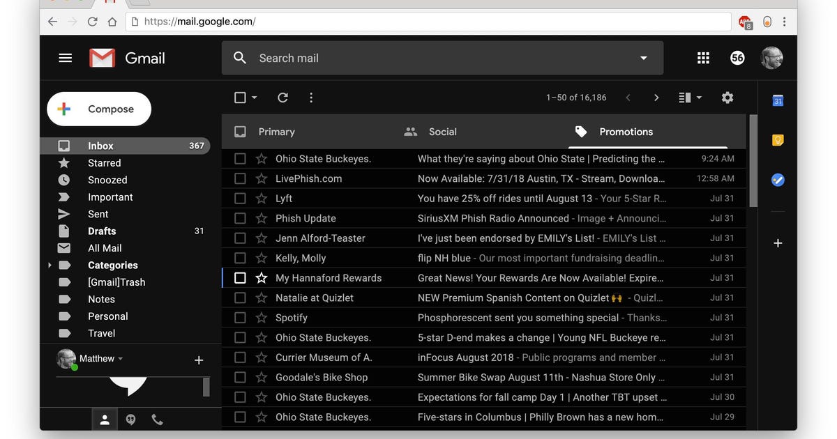how to turn on dark mode for gmail or