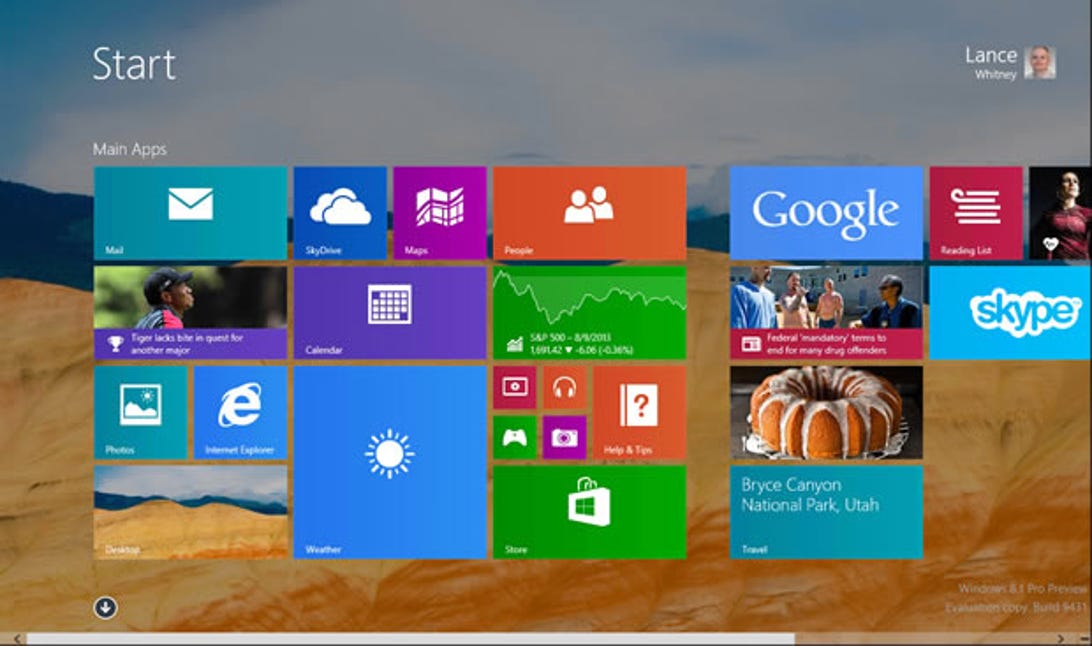 The Windows 8.1 preview version shown here will graduate into the full-fledged Windows 8.1 on October 18.