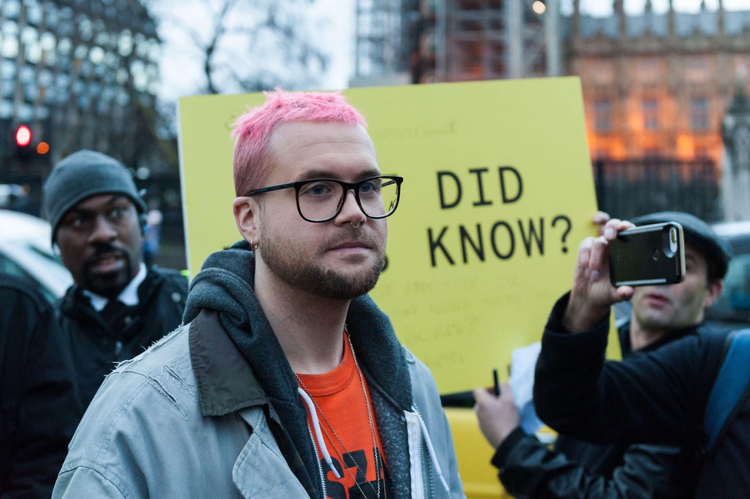 Cambridge Analytica whistle-blower Chris Wylie attends a demonstration in Parliament Square, London, in March.
