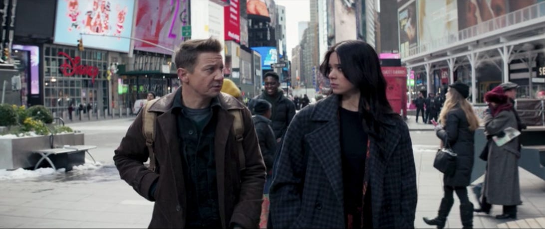 Clint and Kate walk through Times Square in Hawkeye