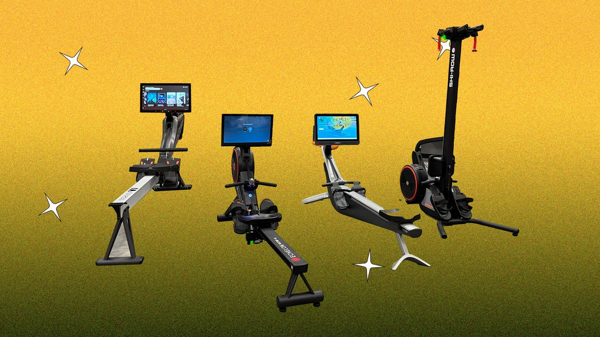 Rowing machines on a yellow background
