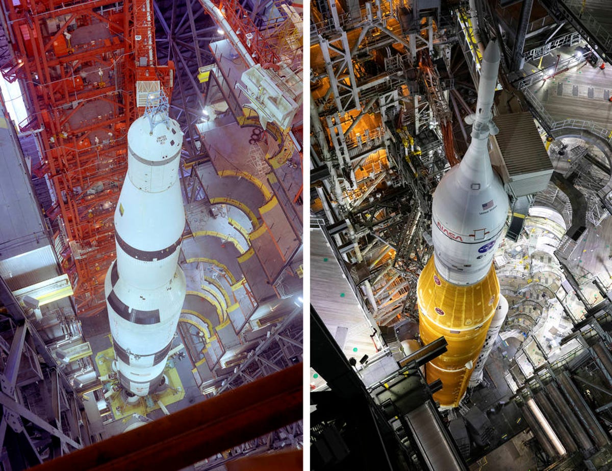 The Apollo 4 Saturn V inside a massive building is on the left. The SLS rocket system for Artemis I is on the right. Photos taken from dramatic downward angles.