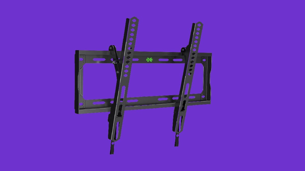 A black TV wall mount against a purple background.