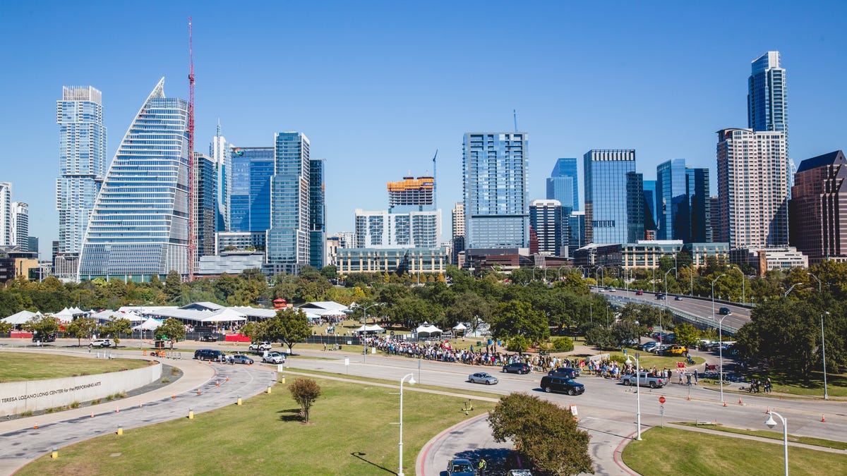 Google's new sail-shaped office tower fills out the skyline of downtown Austin.