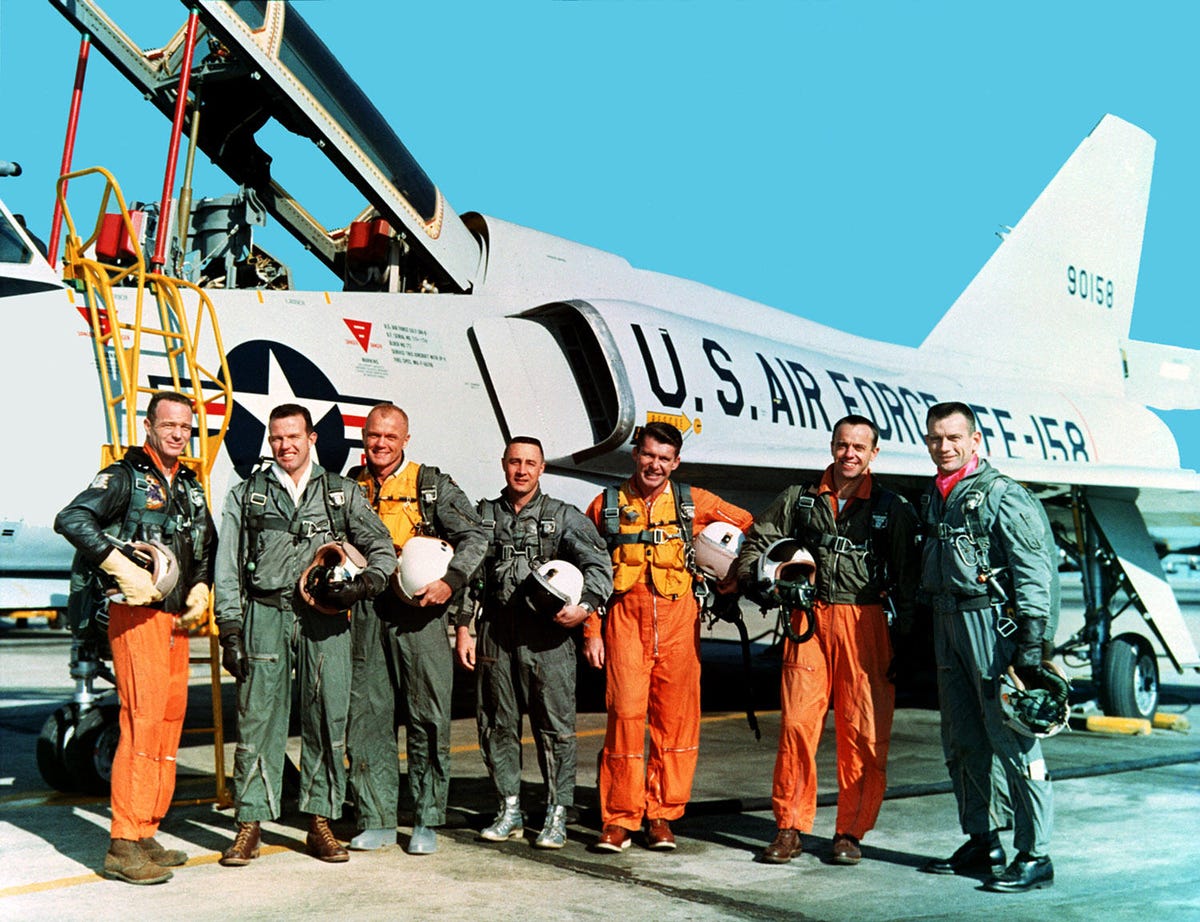 The Mercury Seven astronauts standing in front of an F-106 Delta Dart