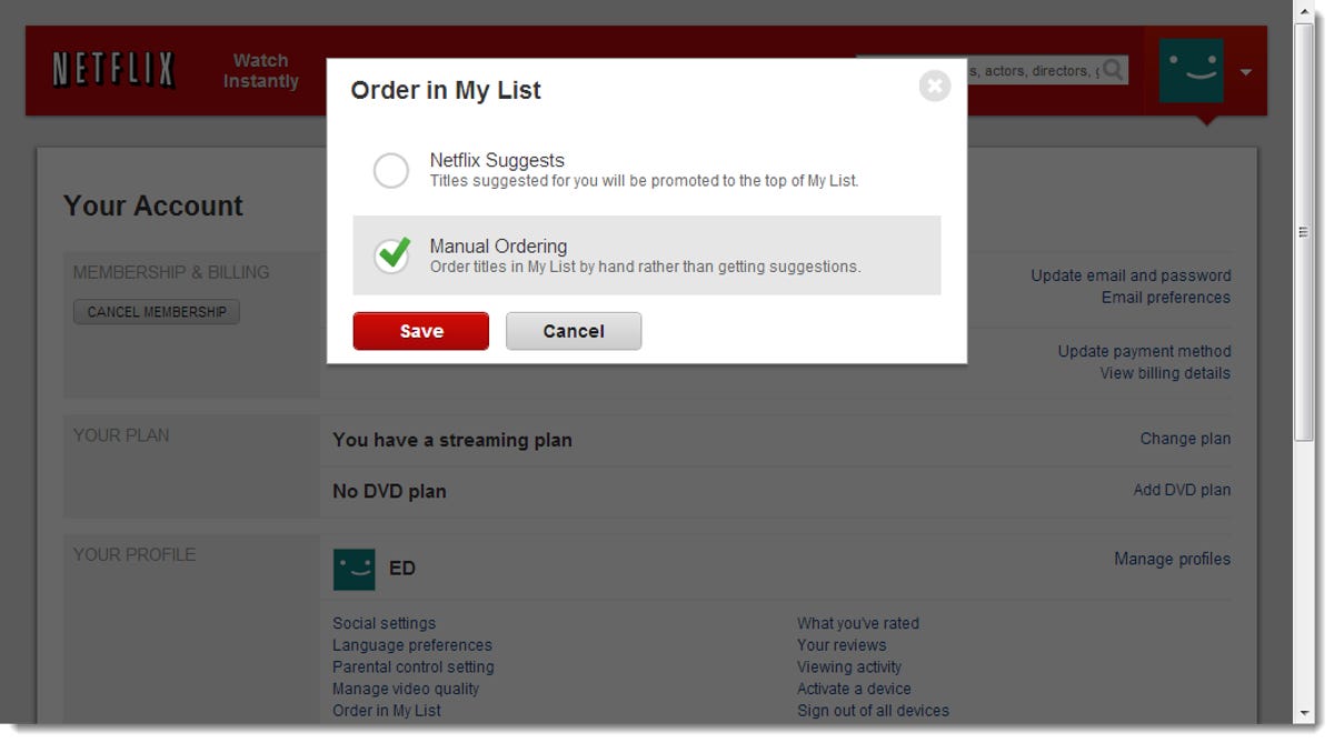 Netflix My List change order under My Account