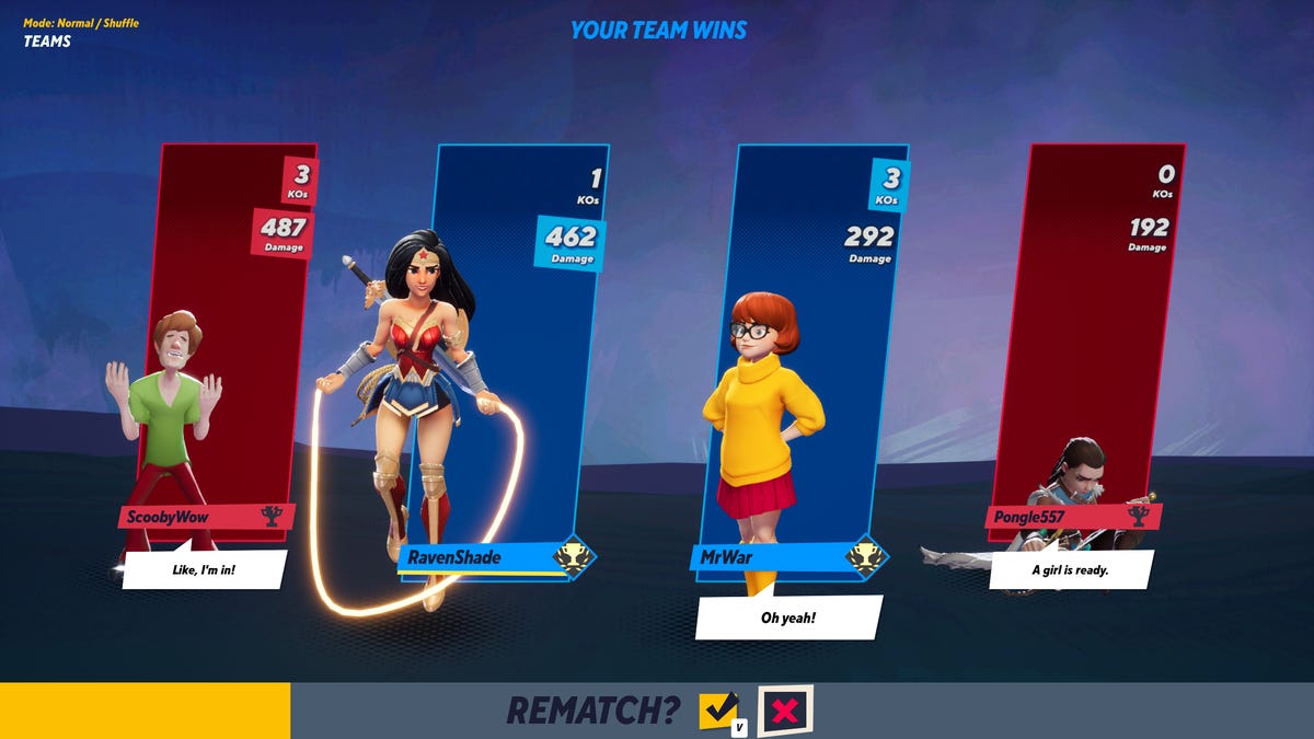 Results screen shows Wonder Woman and Velma victorious over Shaggy and Arya