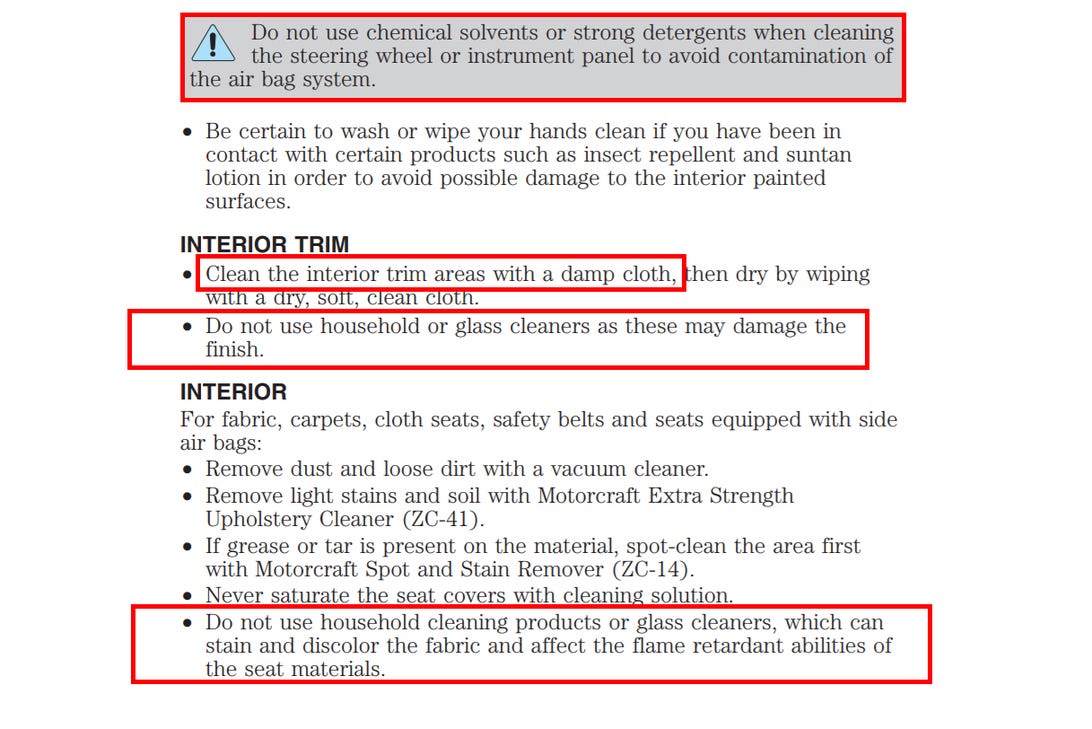 Ford owners manual cleaning page