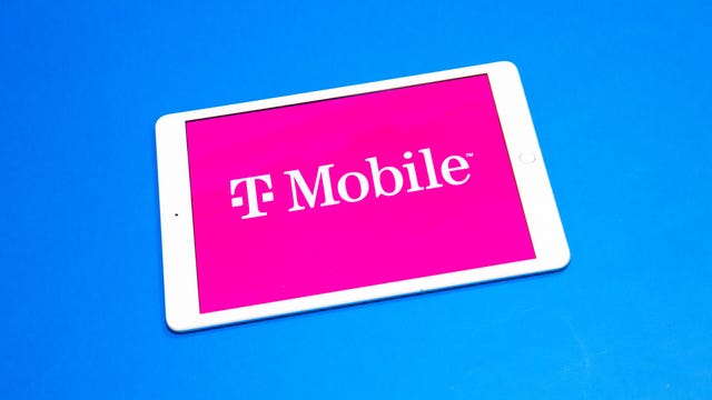 pink T-Mobile logo on the screen of a white iPad