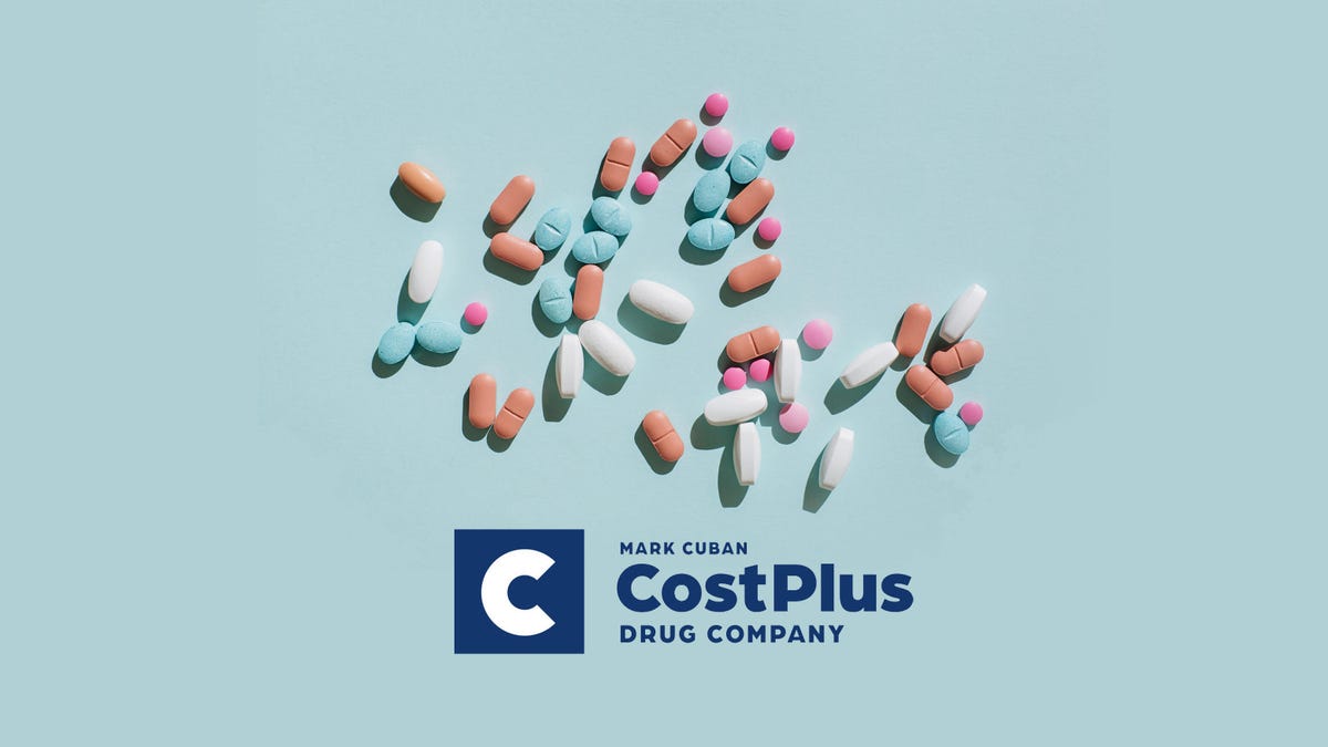 A collection of pills with the Mark Cuban Cost Plus Drugs logo
