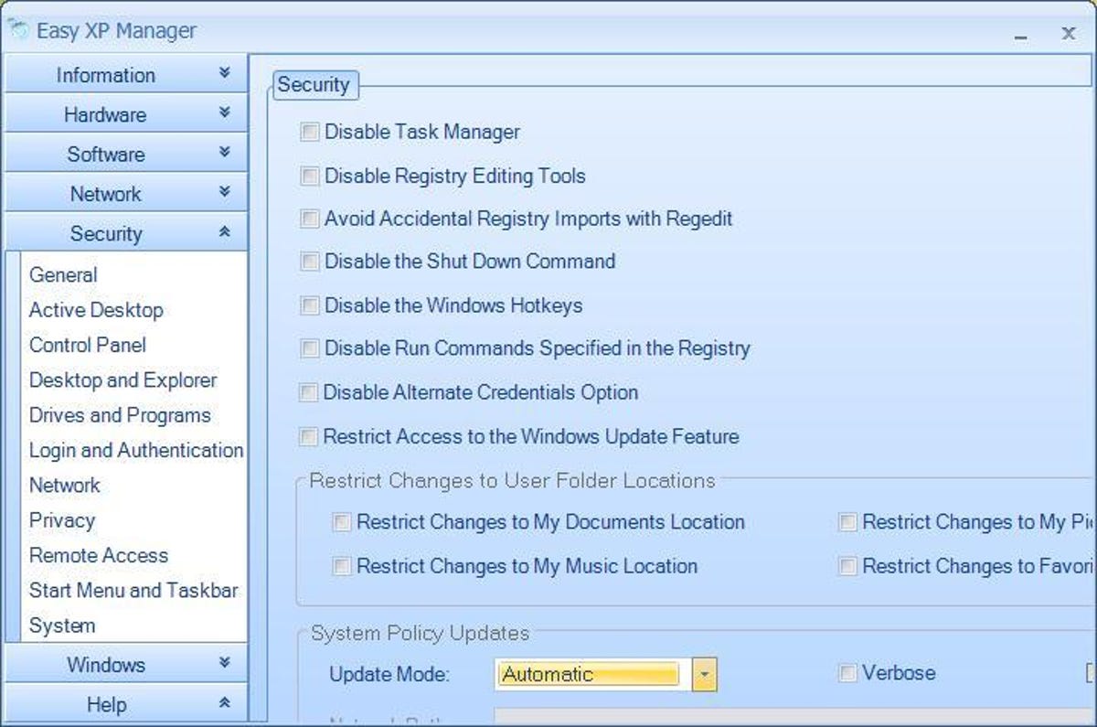 Easy XP Manager's Security settings window