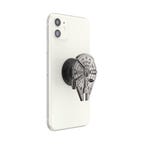 A white iPhone with a Millennium Falcon Popsocket attached