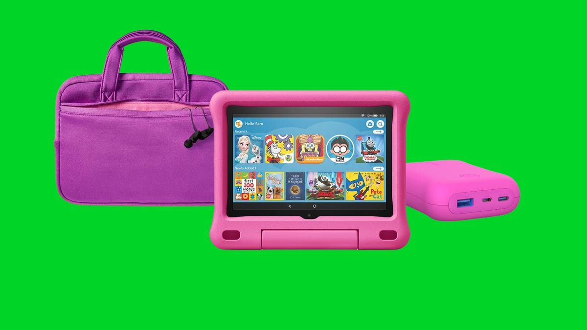 A Fire HD 8 Kids tablet with protective case, a portable charger and a zippered sleeve with handles are displayed against a green background.